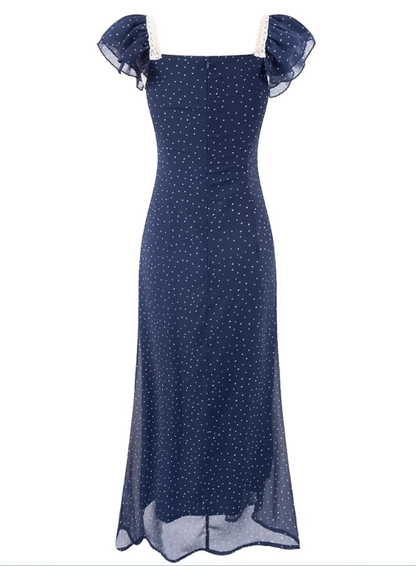 2025 Summer New Navy Retro Polka Dot French Square Neck Short Sleeve Long Dress R0927