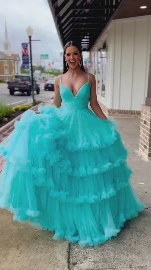 omberprom Elegant A-line Evening Dress V-Neck Tulle Prom Dress with Tiered Ruffles