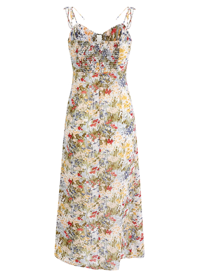 2025 summer new high waist oil painting slim waist floral holiday suspender dress R0931