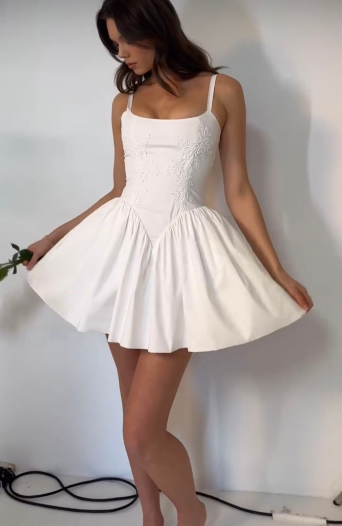 White suspender embroidery waist slim A-line short skirt homecoming dress R3858
