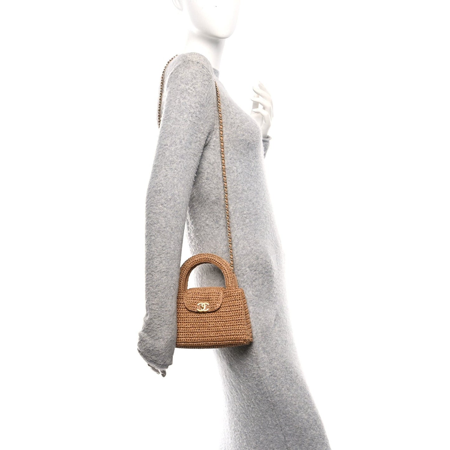 Braided Raffia Nano Kelly Flap Bag Dark Beige