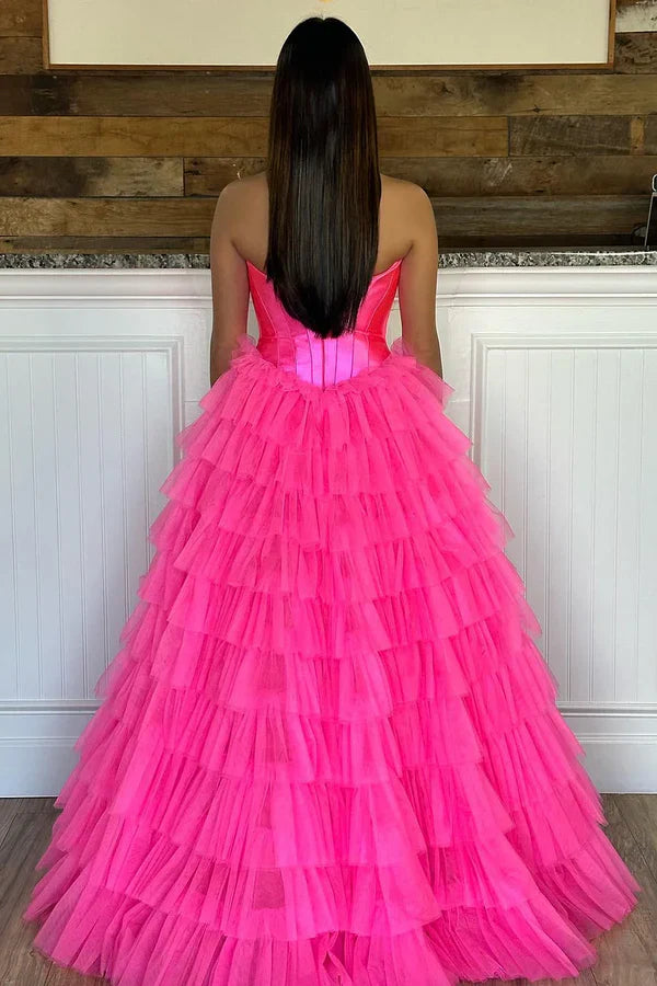 omberprom Fashion A-Line Evening Dress Sweetheart Tiered Tulle Prom Dress with Slit