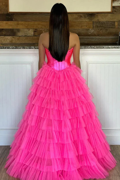 omberprom Fashion A-Line Evening Dress Sweetheart Tiered Tulle Prom Dress with Slit