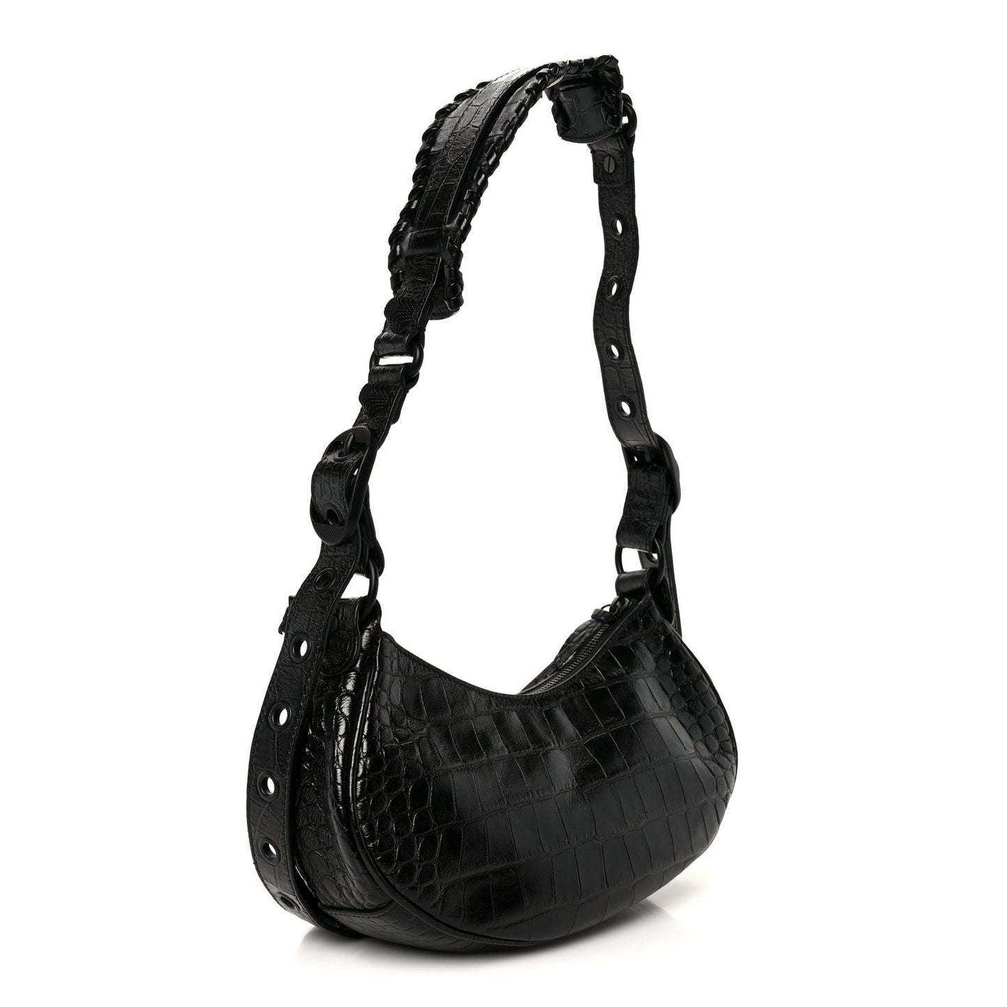Extra Supple Calfskin Crocodile Embossed Monochrome Le Cagole Shoulder Bag XS Black