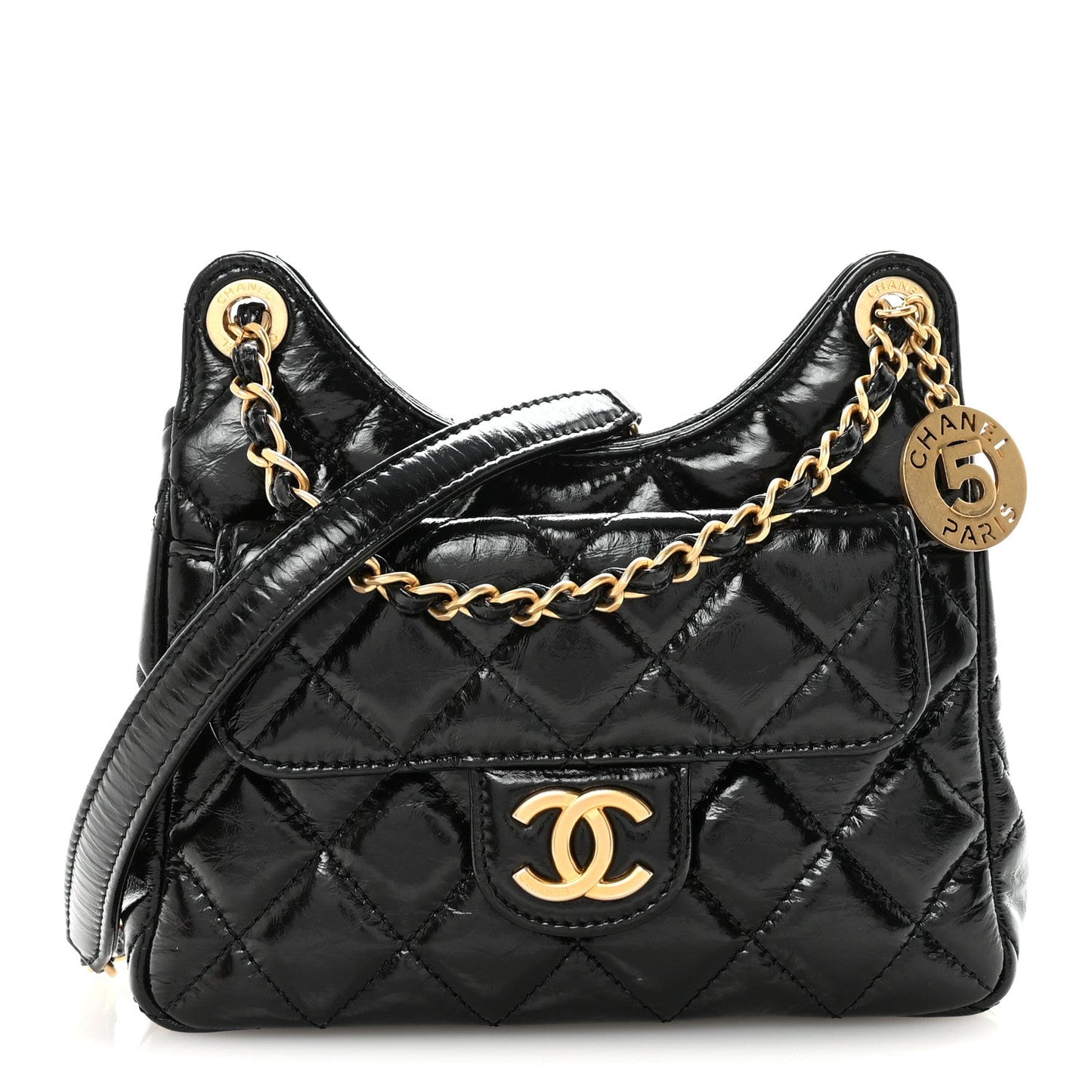 Shiny Crumpled Calfskin Quilted Small Wavy CC Hobo Black