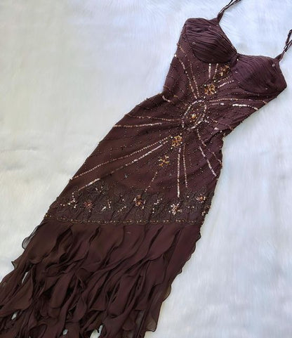 Pretty A Line Spaghetti Straps Chiffon Prom Dresses With Beads Long Evening Gowns P2307