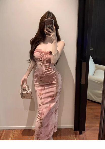 New Stylish Women Pink Butterfly Long Spaghetti Strap Dress TP2967