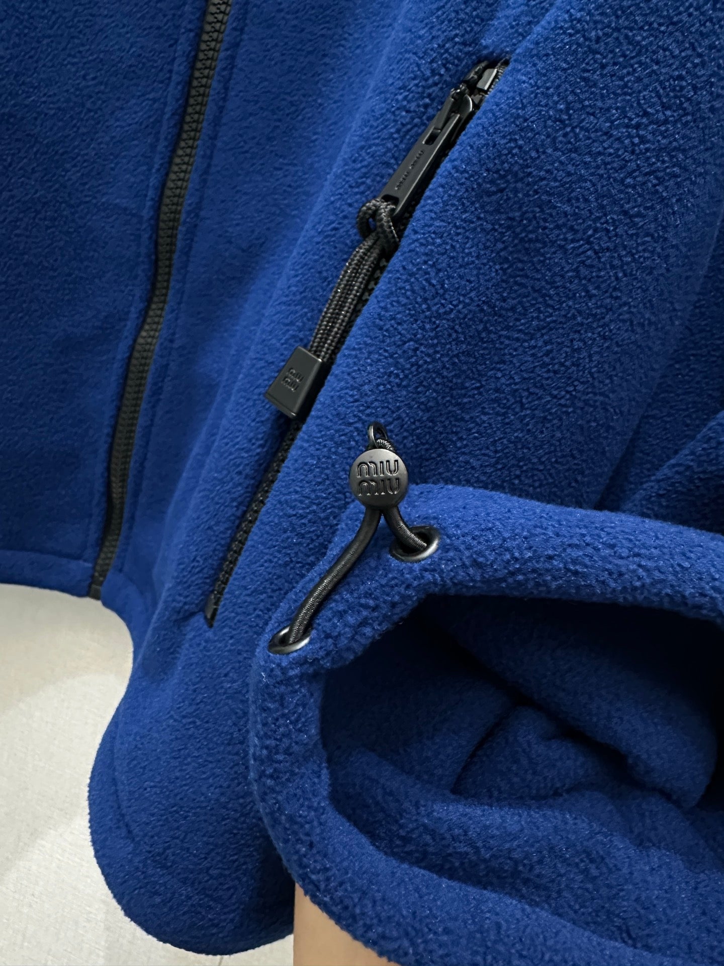 Miu Embroidered Fleece Hooded Zip-Up Jacket Dark Blue Cashmere 346106