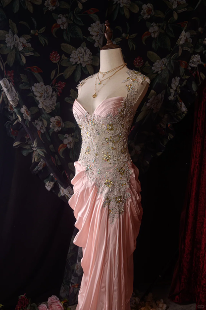 Vintage Pink Satin Mermaid Beaded Bodice Draped Evening Gown TP5110