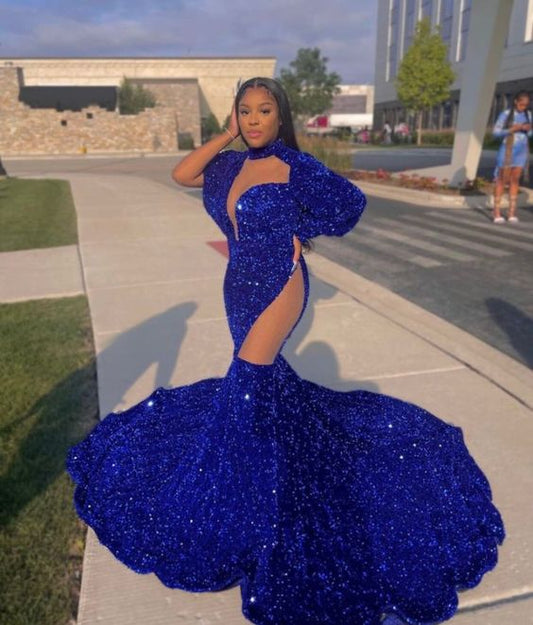 Blue Sequins Prom Gown Floor length Prom dress wedding reception gown