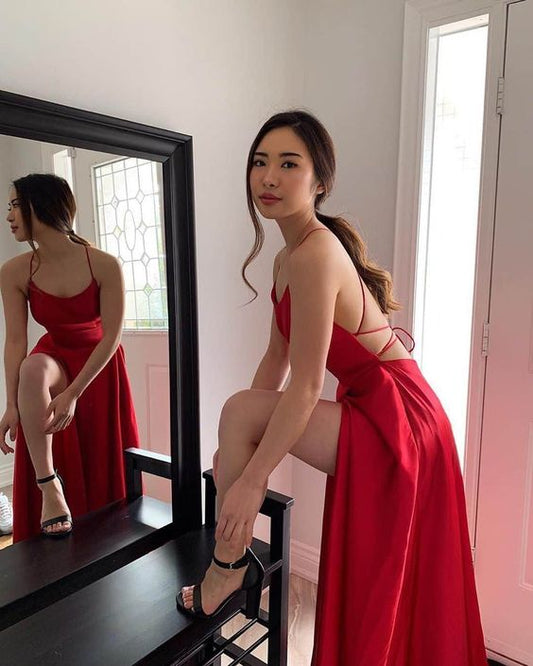 Sexy Back Open Prom Dress Long Elegant Prom Dresses Red Party Gown