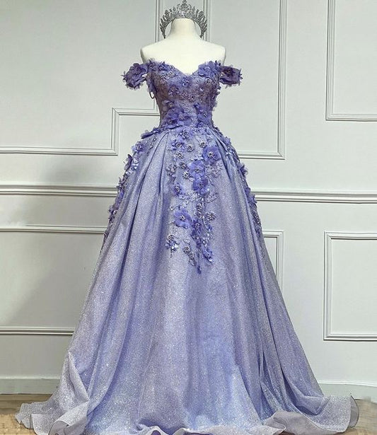 Purple tulle lace long ball gown dress formal dress