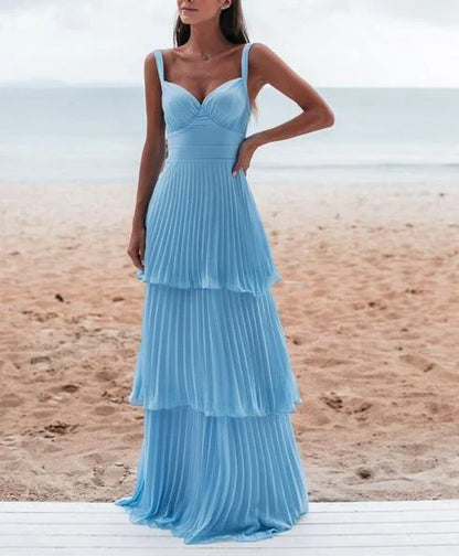 Vintage Blue Sweetheart Pleated A-Line Tiered Long Prom Dress Party Dress Evening Dress TP4401