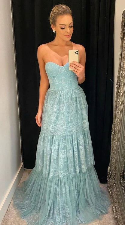 PM492,Charming Lace Prom Dresses, Sleeveless Ruffles Evening Party Gown