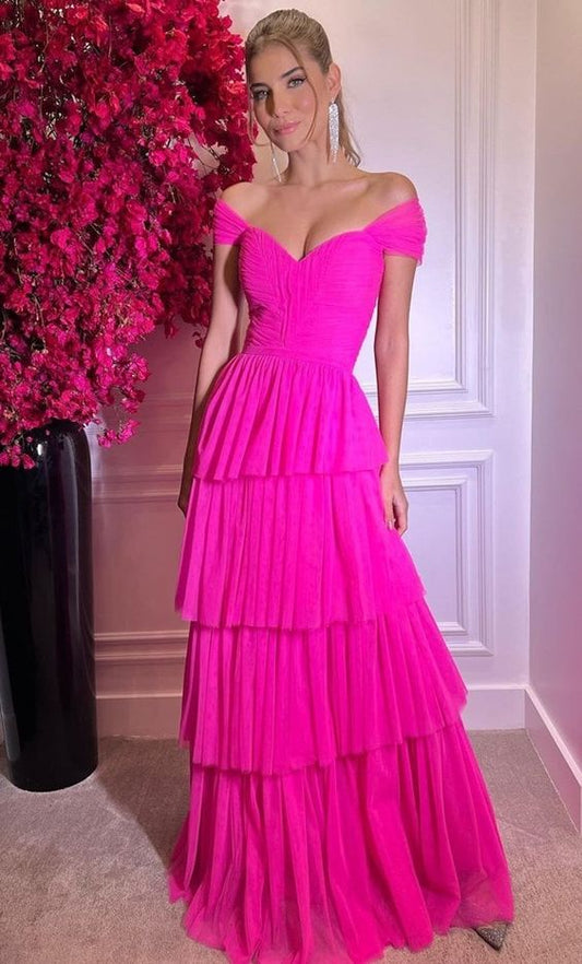 Hot Pink Off The Shoulder Prom Dresses Long Evening Gowns