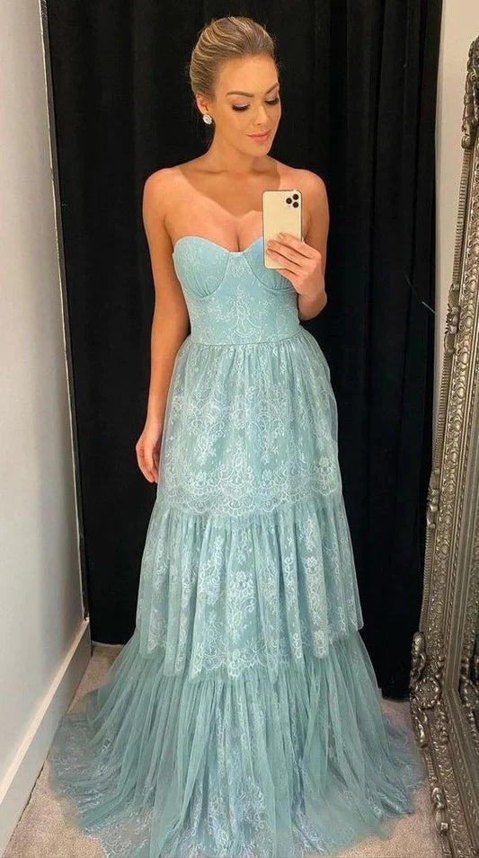PM492,Charming Lace Prom Dresses, Sleeveless Ruffles Evening Party Gown