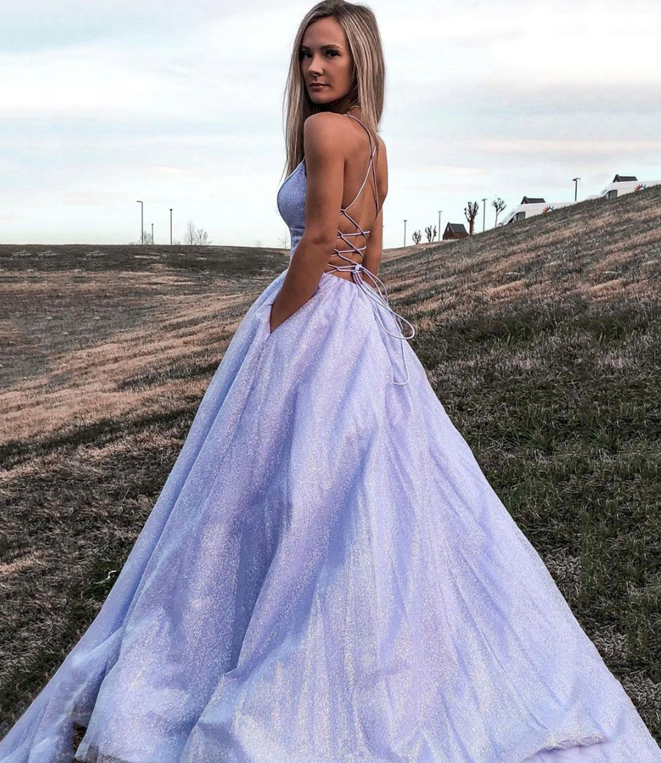 Purple tulle long A line prom dress evening gown