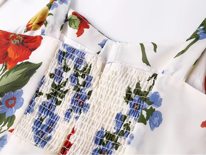 2025 Summer New French Waist Sexy Printed Short Holiday Suspender Dress R0972