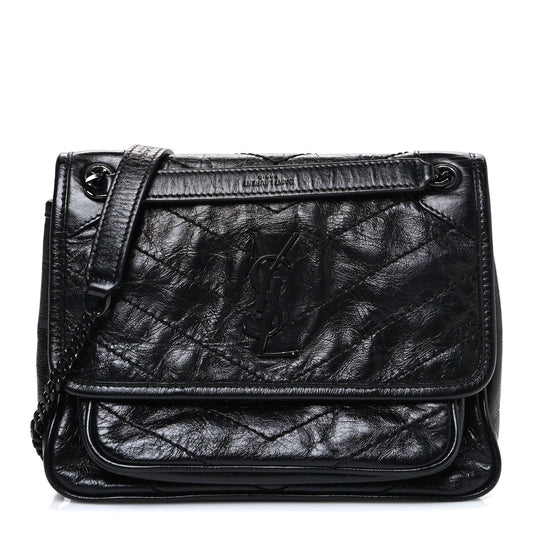 Crinkled Calfskin Matelasse Monogram Baby Niki Chain Satchel Black