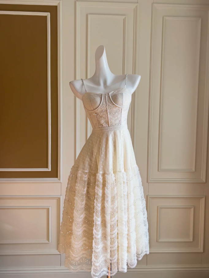 Classy Spaghetti Straps Tulle Sequins Midi Prom Dress,Light Champagne A Line Evening Dress Y8571