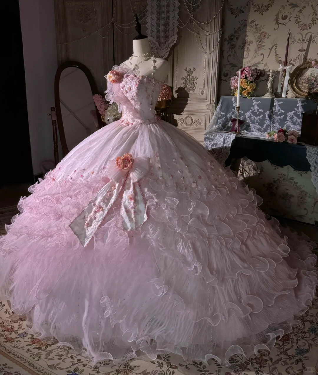 Vintage-Inspired Pink Floral Embellished Tulle Ball Gown Strapless Ruffled Quinceañera Formal Dress TP5116