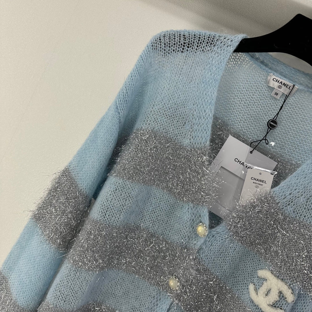 CC 26C Knit Long-Sleeve Cardigan Blue Grey Stripes Wool Acrylic Nylon 349042