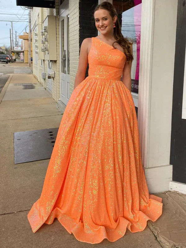 omberprom A-Line One Shoulder Evening Dress Sequins Prom Dress with Pockets