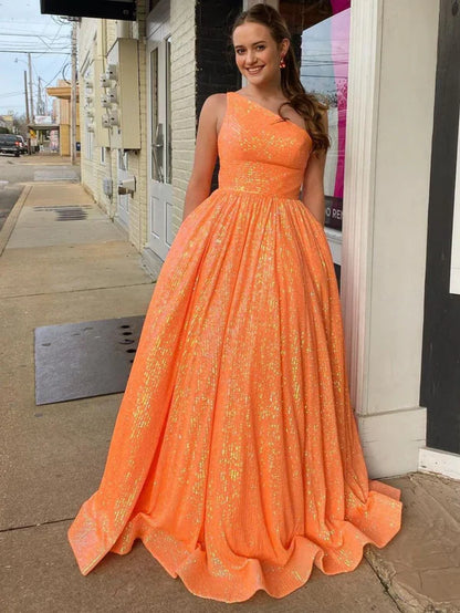 omberprom A-Line One Shoulder Evening Dress Sequins Prom Dress with Pockets