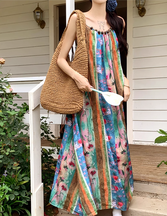 Fairy ethnic style holiday travel wear floral suspender long skirt loose oil painting dress R1750