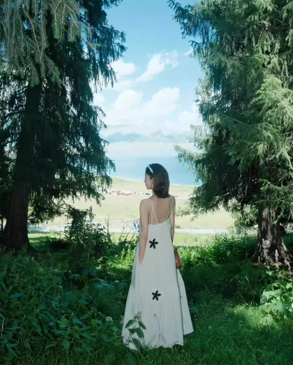 Beach dress with embroidered flowers, cotton and linen, holiday style, loose suspender dress R1610