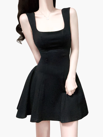 2025 Summer New French Black Dress Square Neck Waist Short Dress R0925