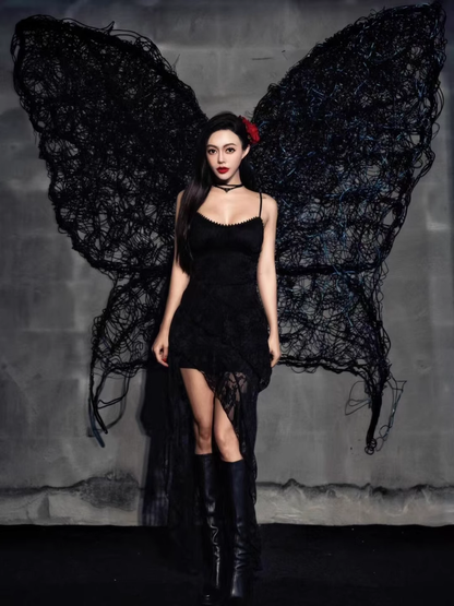 Fashion Black Irregular Ruffled Lace Hem Dress A-line Sleeveless Spaghetti Strap Dress TP3260