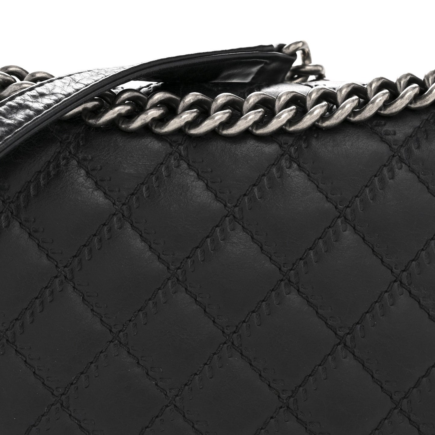 Calfskin Embossed Stitch Large Boy Flap Black