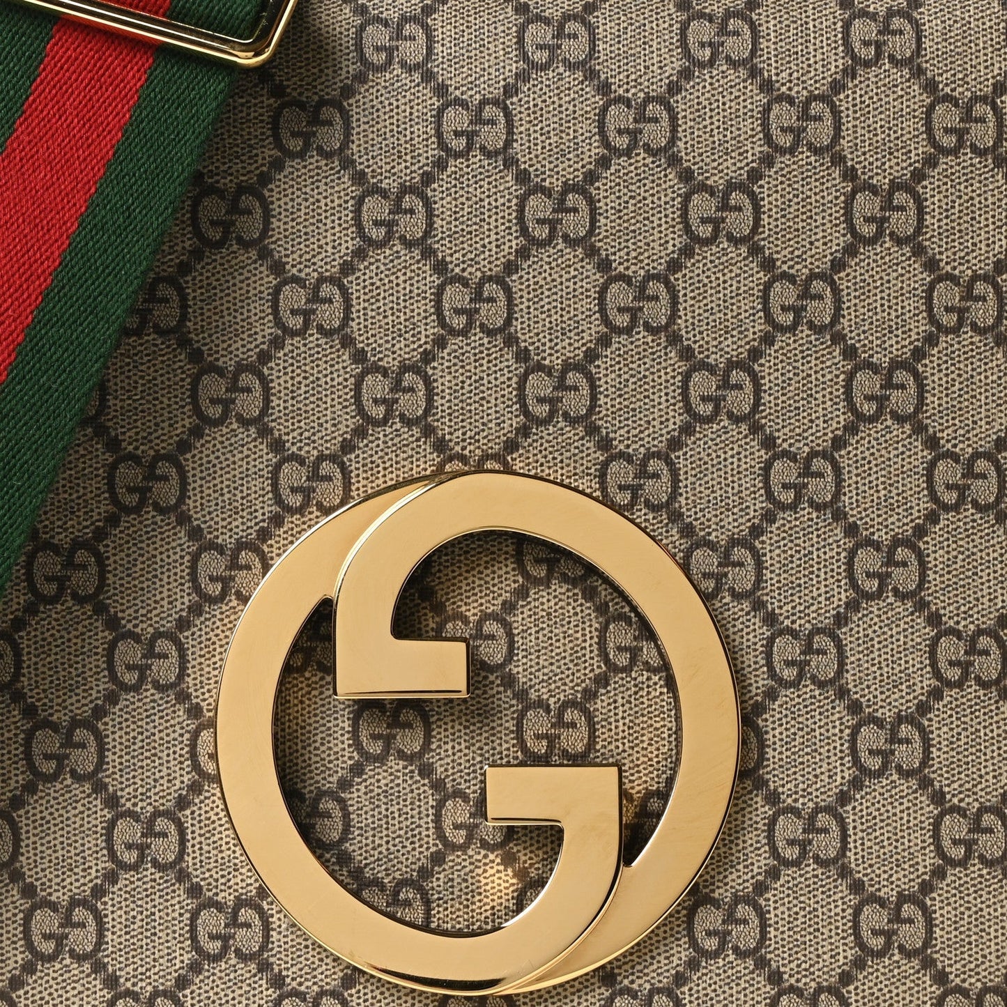 GG Supreme Monogram Textured Dollar Calfskin Web Medium Blondie Shoulder Flap Bag Beige Ebony New Acero