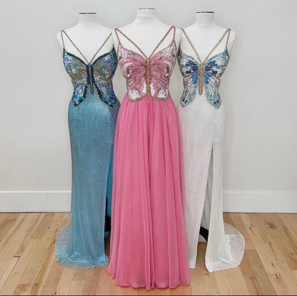 Vintage Purple Strap Chiffon Halter Back High Slit Beaded Evening Gown Prom Dress P3251