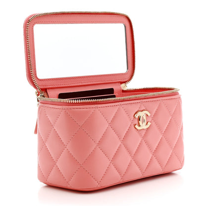 Lambskin Quilted Small Charming Top Handle Vanity Case With Chain Pink