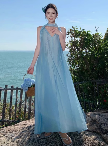 Beach vacation outfit high-end fairy temperament ribbon sleeveless halter dress long skirt R0247