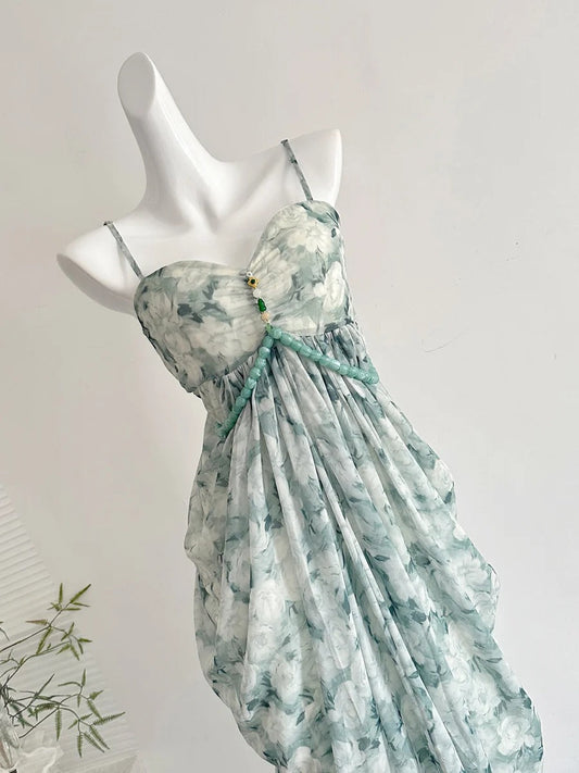 Elegant Green Strap Waist Chiffon Long Prom Dress Evening Dress P4005
