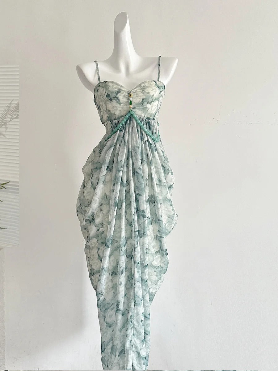 Elegant Green Strap Waist Chiffon Long Prom Dress Evening Dress P4005