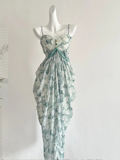 Elegant Green Strap Waist Chiffon Long Prom Dress Evening Dress P4005