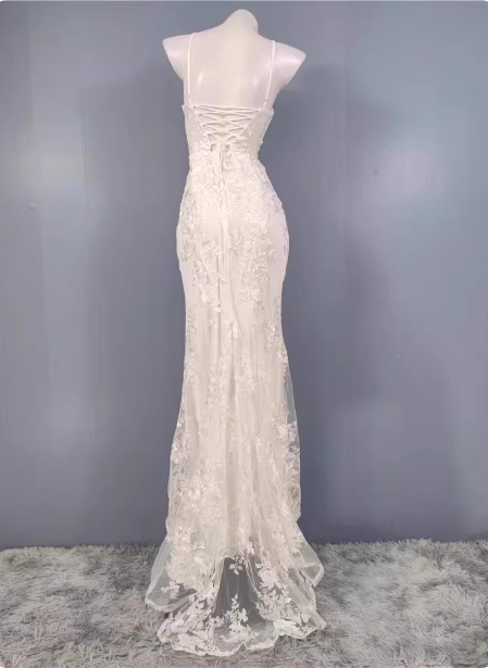 Elegant White Mermaid Spaghetti Strap Lace Slit Long Prom Dress Evening Dress P4500