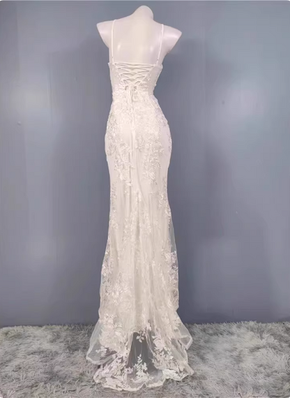 Elegant White Mermaid Spaghetti Strap Lace Slit Long Prom Dress Evening Dress P4500