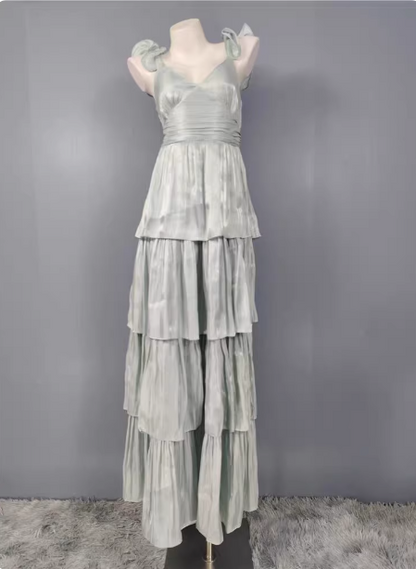 Vintage Dusty Sage A-line V-neck Satin Tiered Long Prom Dress Evening Dress P4501