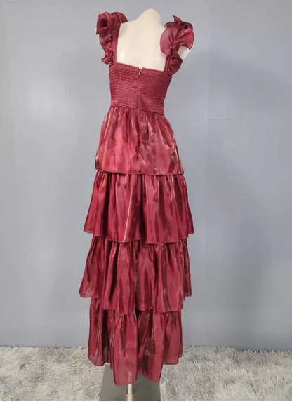 Vintage Dusty Sage A-line V-neck Satin Tiered Long Prom Dress Evening Dress P4501