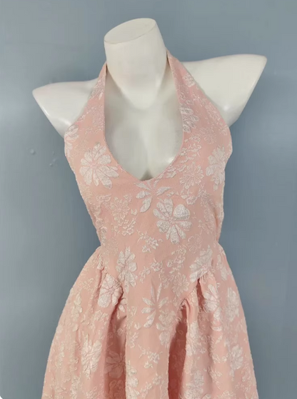 Sweet Pink A-line Halter V-neck Jacquard Prom Dress P4503