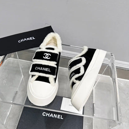 CC Sneaker Thick-Soled White Black Suede Wool Lining Fleece