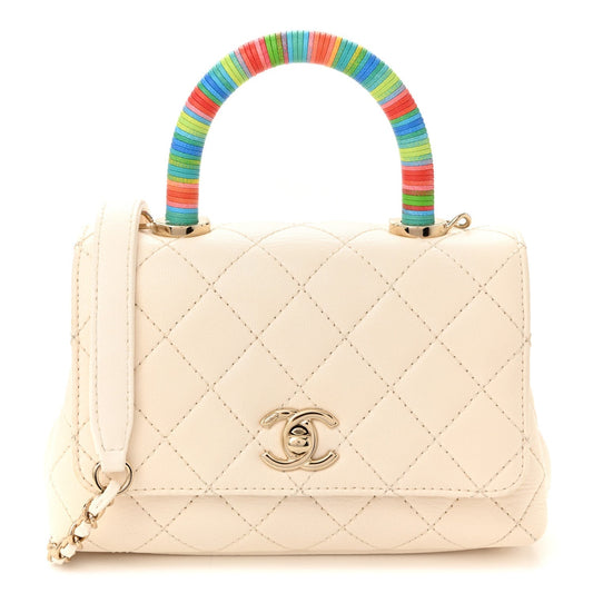 Goatskin Quilted Extra Mini Rainbow Coco Handle Flap White