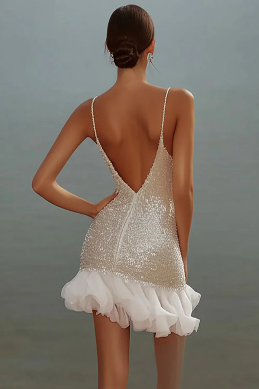 Gorgeous White Bodycon Sequin Design A-line V-neck Spaghetti Strap Homecoming Dress TP3638
