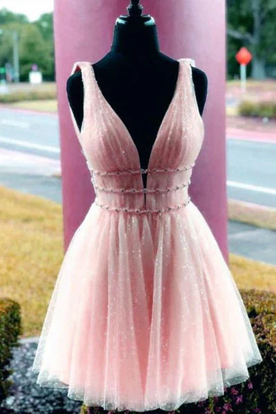 omberprom A Line Graduation Dresses Tulle V Neck Homecoming Dress With Beading