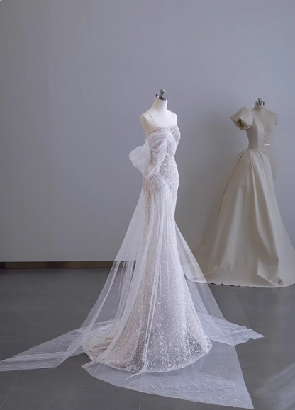 Dreamy White Mermaid Spaghetti Strap Open Back Tulle Train Prom Dress Evening Dress P4507